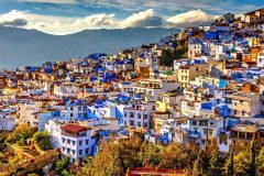 Blue buildings cover the hillside of Chefchaouen.